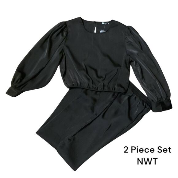 Pretty Garden 2pc Set Size M Crop Satin Soft Top Black Wide Leg Pants High Waist - Picture 6 of 15